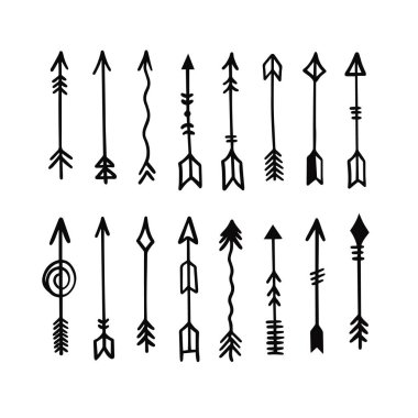 Kırsal oklar hazır. El çizimi, siyah çizgi, sanat tarzı, vektör çizimi. Beyaz arkaplandaki izole nesne.