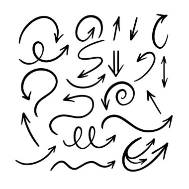 Siyah oklar sanat tarzını belirliyor. Farklı yön işareti vektör illüstrasyonu. Beyaz arkaplanda izole.