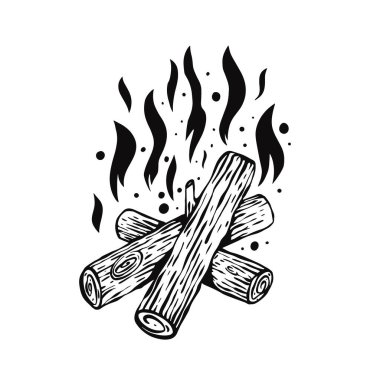 Kamp ateşi yanma eskiz stili vektör çizimi. Beyaz arkaplanda izole.
