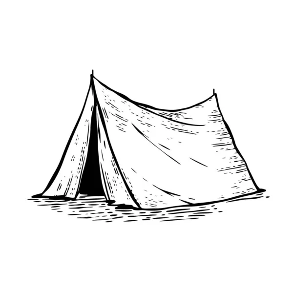 キャンプテント旅行オブジェクトのサイン 手描きブラックカラースケッチスタイルベクターイラスト 白い背景に隔離される — ストックベクタ