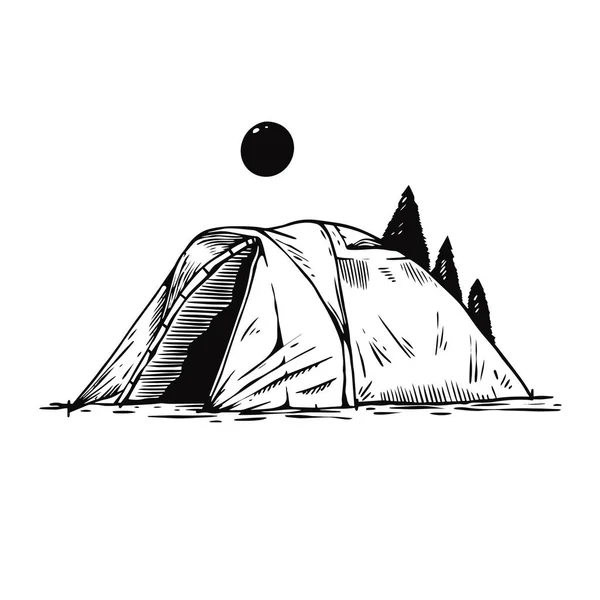 キャンプ テントのスケッチ様式を描くこと ブラックカラーベクターアートイラスト 白い背景に隔離されたアドベンチャー旅行オブジェクト — ストックベクタ