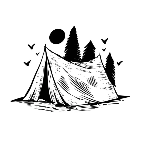 Ручной Черного Цвета Знак Путешествия Палатки Векторный Эскиз Белом Фоне — стоковый вектор
