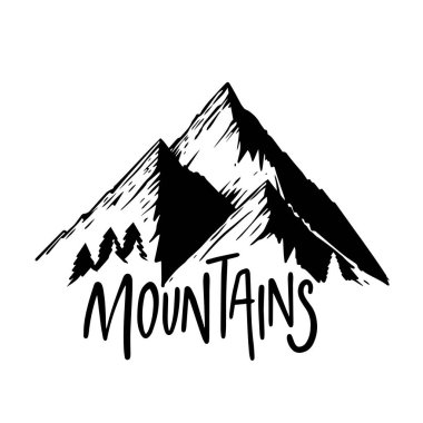 Dağlar siyah renk işareti veya logo ve metin. Vektör sanat skeci. Beyaz arkaplanda izole.
