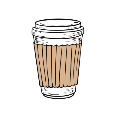 El çizimi kağıt kahve fincanı. Vektör sanat illüstrasyonu. Beyaz arkaplanda izole.