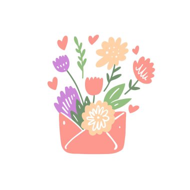 Zarfın içinde çiçekler. Düz tasarım renkli sanat vektörü çizimi. Beyaz arkaplanda izole.