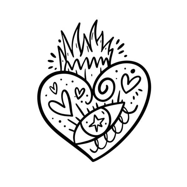 Heart Symbol Magic Tattoo Hand Drawn Black Color Line Art — Stock Vector