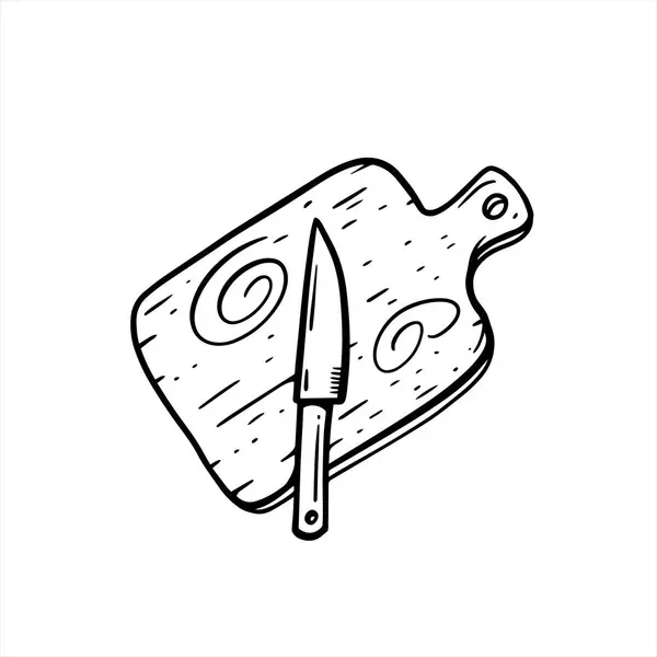 Planche Découper Bois Couteau Cuisine Style Art Croquis Couleur Noire — Image vectorielle