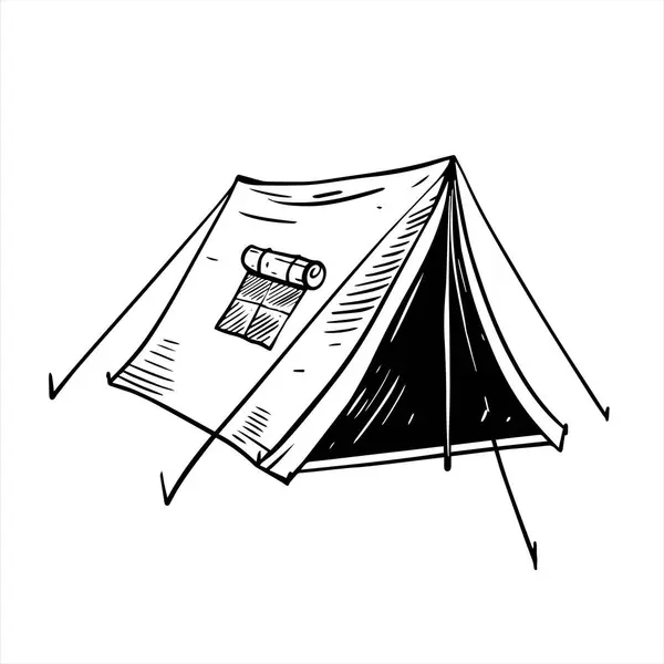 Tourist Tent Flat Design Black Sketch Art Adventure Camp Logo — Stock Vector