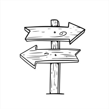 Tahta işaret oku, siyah ve beyaz renk işareti. Vektör sanat illüstrasyonu. Beyaz arkaplanda izole.