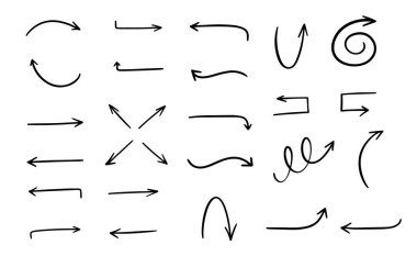 El çizimi karalama simgeleri ayarlandı. Siyah renk, vektör sanat illüstrasyonunu gösterir. Beyaz arkaplanda izole.