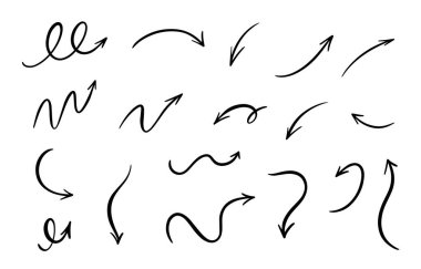 El çizilmiş oklar siyah renk işareti koydu. Beyaz arkaplana izole edilmiş vektör çizim karalama simgeleri.