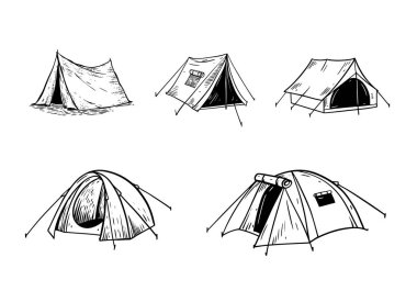 Kamp çadırı. El çizimi resim siyah renk vektörü. Beyaz arkaplanda izole.