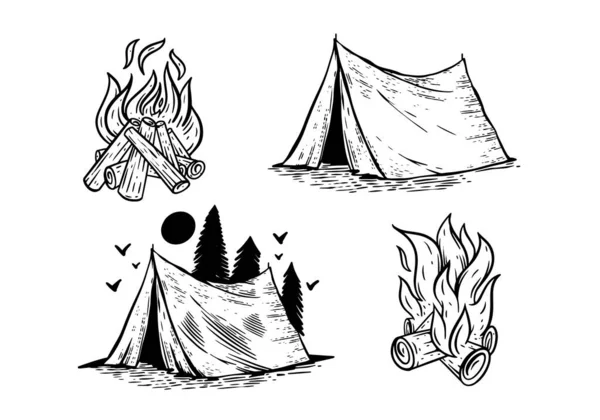 キャンプとハイキングセットの要素 ドードルスケッチアートベクターイラスト 白い背景に隔離された手描きラインアートオブジェクト — ストックベクタ