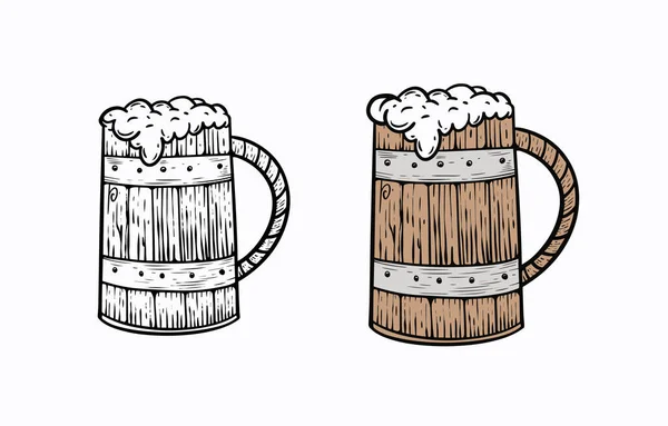 Boire Bière Dans Une Tasse Bois Ligne Dessinée Main Art — Image vectorielle