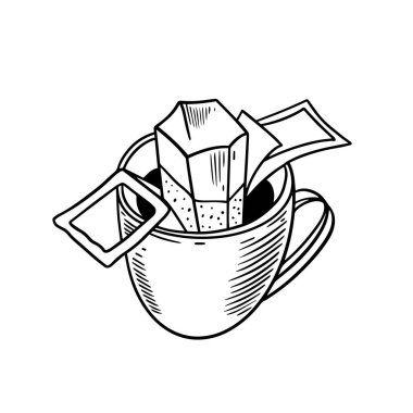 Kahveyi fincana damlat. Siyah-beyaz çizim sanat vektörü çizimi. Beyaz arkaplanda izole.