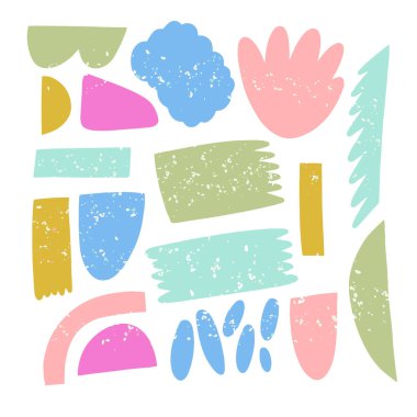 Geometrik soyut renkli şekiller elementlerin dokusunu belirler. Doodle tarzı vektör sanatı. Beyaz arkaplanda izole.