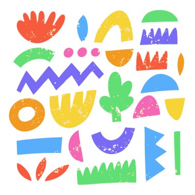 Soyut karalama çocukları renkli elementler düz tasarımı şekillendirir. Vektör sanatı beyaz arkaplanda izole edildi.