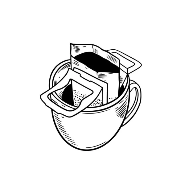 Ręcznie Rysowany Szkic Sztuki Kroplówka Kawa Worek Logo Ilustracji Wektora — Wektor stockowy