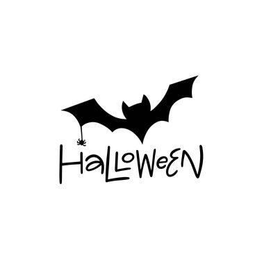 Örümcek siyahı işareti ve cadılar bayramı yazısı olan bir yarasa. Beyaz arkaplanda izole edilmiş vektör tatil sanatı.