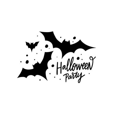 Cadılar Bayramı yarasaları siyah renkli hayvan simgeleri ve Cadılar Bayramı partisinin harflerini belirler. Beyaz arkaplanda izole.