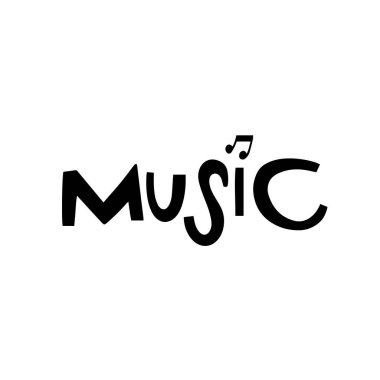 Müzik sözcüğü metin logosu. El çizimi modern yazı tipi işareti. Siyah renk vektörü beyaz arkaplanda izole edildi.