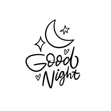 İyi geceler. Siyah renkli kaligrafi çocuklara stil vektör sanatı. Beyaz arkaplanda izole.