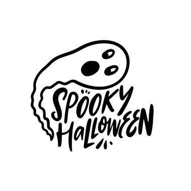 Ürkütücü Cadılar Bayramı el yazısı, siyah renkli harfler ve hayalet işareti. Vektör sanatı beyaz arkaplanda izole edildi.