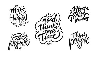 El çizimi siyah motivasyon cümlesi seti. Poster tasarımı için pozitif harf metni. Vektör sanatı beyaz arkaplanda izole edildi.