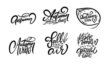 Sonbahar sezonu cümleleri ve alıntılar ayarlandı. Siyah renk motivasyon harfleri. Vektör sanatı beyaz arkaplanda izole edildi.