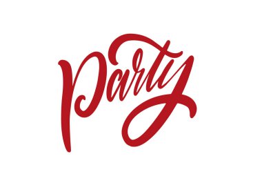 El yazısı kırmızı Parti işareti. Tatil harfi kaligrafi. Beyaz arkaplanda izole.