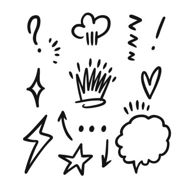 Popüler karalama simgeleri seti. Çizgi film stili vektör sanatında el çizimi siyah elementler. Beyaz arkaplanda izole.