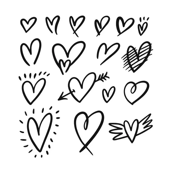 Рукописные Иконки Рисунками Сердца Черный Цвет Векторной Иллюстрации Комического Стиля Стоковая Иллюстрация