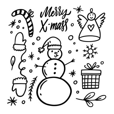 El çizimi siyah şarap ve Noel karalama elementleri ayarlandı. Vektör sanatı çizimi beyaz arkaplanda izole edildi.