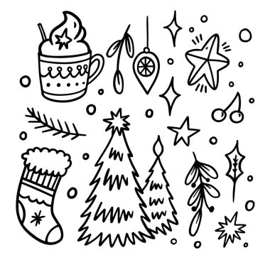 Mutlu Noel kutlaması karalama unsurları ayarlandı. El çizimi stil vektör çizimi. Beyaz arkaplanda izole.