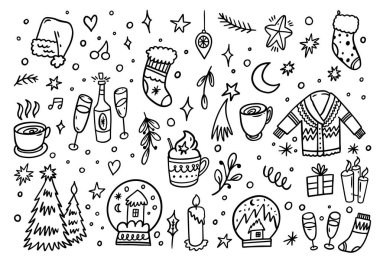 El yapımı kış ve yeni yıl karalama öğeleri çizgi film tarzında. Vektör sanatı beyaz arkaplanda izole edildi.