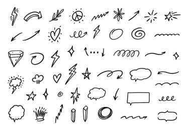 Hand drawn cartoon style comic doodle elements and icons set. Black color line art vector. Isolated on white background. clipart