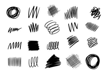 El çizimi soyut vuruşlar ayarlandı. Siyah renkli vektör sanat işareti. Beyaz arkaplanda izole.