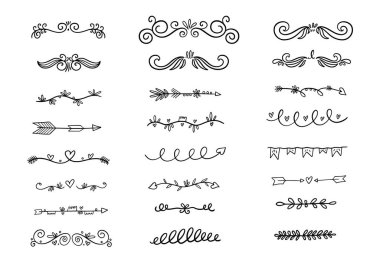 Dekoratif bölme ayarlandı. Taslak biçim vektör illüstrasyonundaki karalama elemanları. Beyaz arkaplanda izole.