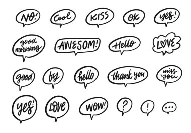 Farklı sohbet diyaloğu sözcükleri karalama ögelerini baloncukta imzalar. Siyah renkli vektör sanatı. Beyaz arkaplanda izole.