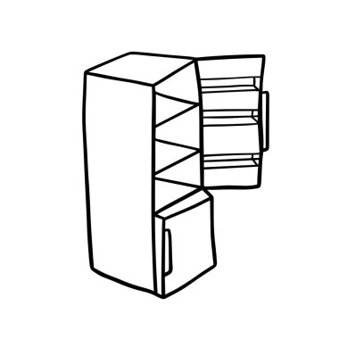 Buzdolabı çizgisel çizim yapıyor. Siyah renkli el çizimi vektör kümesi. Beyaz arka planda izole edilmiş..