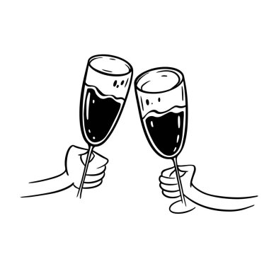 İki kadeh şampanya ya da elinde şarap. El çizimi siyah karalama stili vektör çizimi. Şeffaf arkaplanda izole.