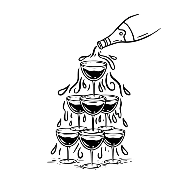 Пирамида Бокалов Шампанским Ручной Рисунок Черного Цвета Векторного Искусства Иллюстрации Стоковая Иллюстрация