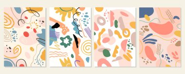 El çizimi renkli şekiller ve soyut arka planlardaki elementler ayarlandı. Web, afiş veya poster için düz tasarım vektör sanatı.