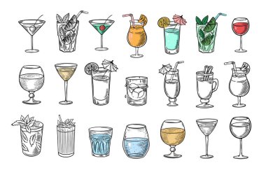 Büyük bir el koleksiyonu farklı içkiler ve kokteyller çekti. Renkli vektör illüstrasyonu.