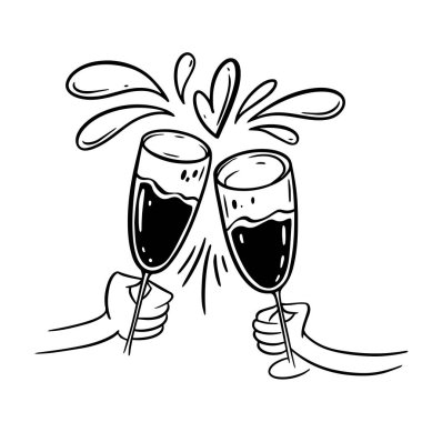 Elinde şampanya ya da şarap bardakları tutan iki kişi. Siyah renkli karalama vektörü çizimi.