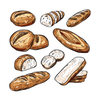 Elle çizilmiş fırın ekmeği karalama elemanları vektör klipsleri. Beyaz arkaplanda izole.