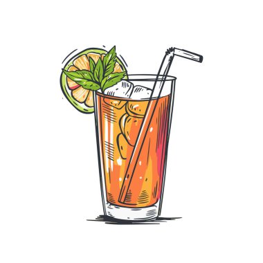 El yapımı buzlu çay ya da limon dilimli kokteyl ve şeffaf tüp. Vektör sanat illüstrasyonu. Çubuk menü ögesi.