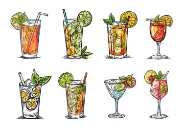 Farklı kokteyl seti. Çizgi film stili vektör koleksiyonunda elle çizilmiş. Beyaz arkaplanda izole.