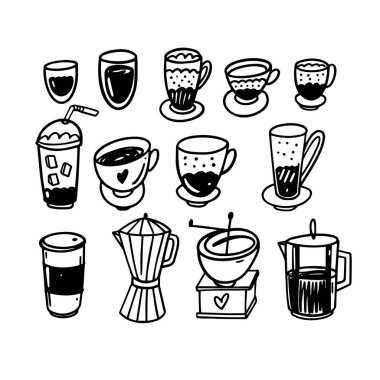 Kahve seti. Doodle tarzı elementler. Kafe dekorasyon simgeleri. Vektör sanatı beyaz arkaplanda izole edildi.