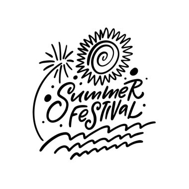 Güneş ve havai fişeklerin yer aldığı bir yaz festivali için minimalist siyah beyaz logo. Tasarım, dikdörtgenler ve daireler gibi mimik yazı tipi, ağaç sembolü ve geometrik şekilleri içerir.